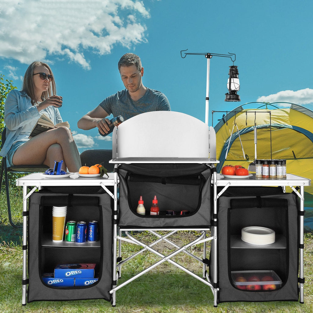 Folding Camp Kitchen Table | Aluminum Cook Station, 3 Cupboards, Windscreen & Carry Bag
