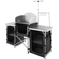 Folding Camp Kitchen Table | Aluminum Cook Station, 3 Cupboards, Windscreen & Carry Bag