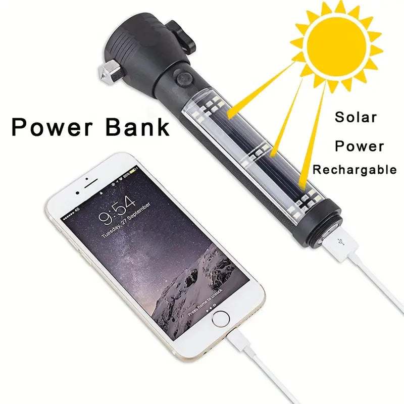Multi-Functional Solar Power LED Flashlight - 5-in-1 Outdoor Survival Tool