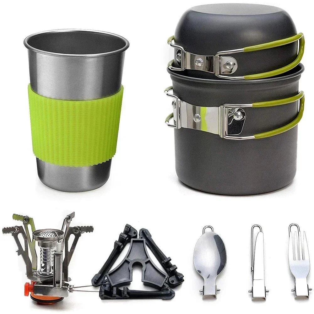 Camping Cookware Kit with Stove Green