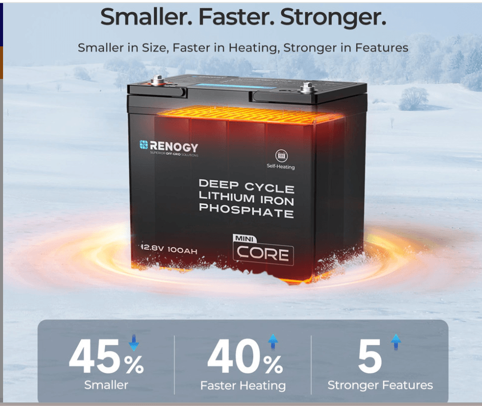 Renogy DuoHeat Tech Core Mini 12V 100Ah LiFePO4 Heated Deep Cycle Battery
