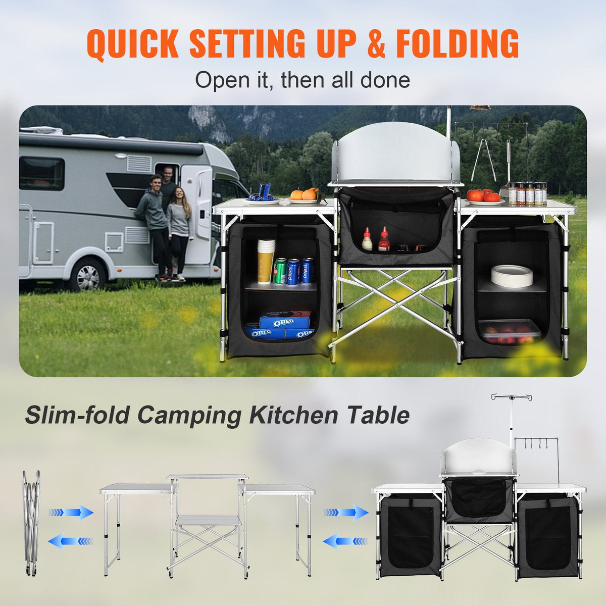 Folding Camp Kitchen Table | Aluminum Cook Station, 3 Cupboards, Windscreen & Carry Bag