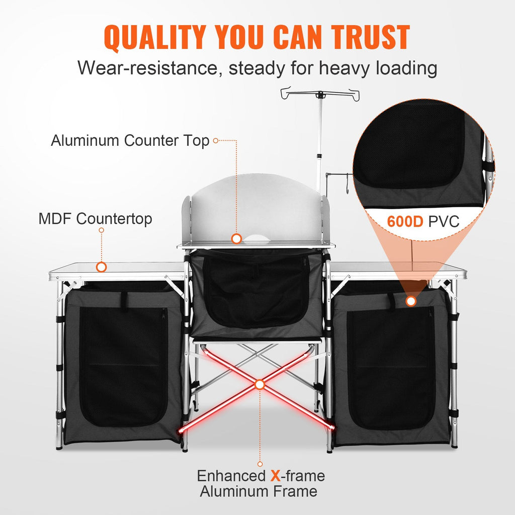 Folding Camp Kitchen Table | Aluminum Cook Station, 3 Cupboards, Windscreen & Carry Bag