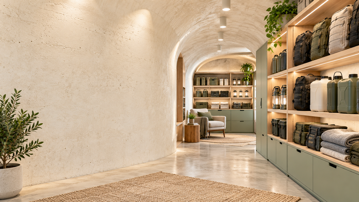 Bright welcoming bunker interior with organized survival supplies and warm lighting