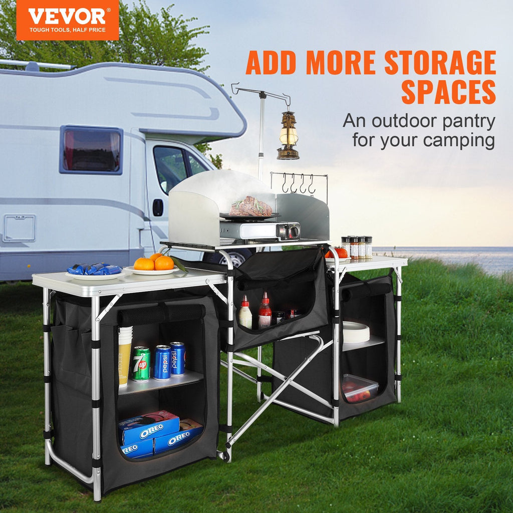 Folding Camp Kitchen Table | Aluminum Cook Station, 3 Cupboards, Windscreen & Carry Bag