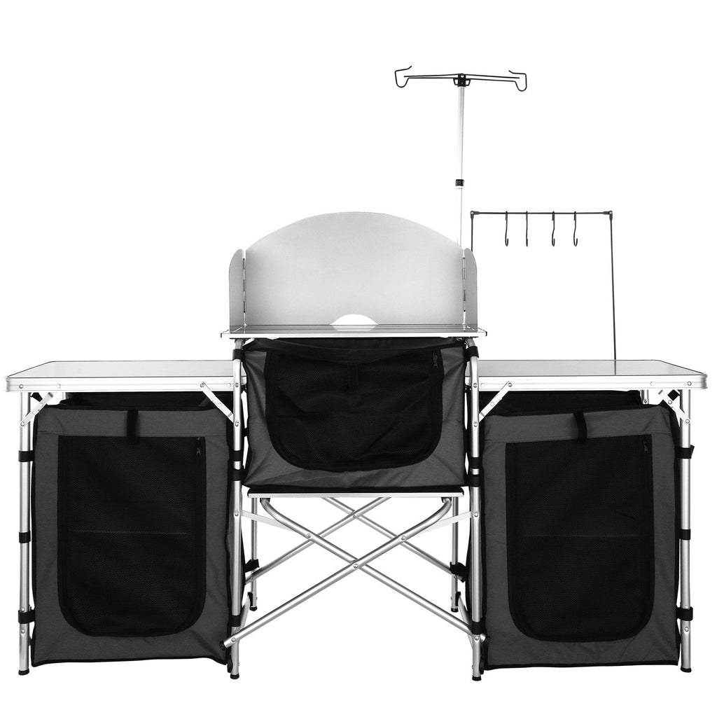 Folding Camp Kitchen Table | Aluminum Cook Station, 3 Cupboards, Windscreen & Carry Bag